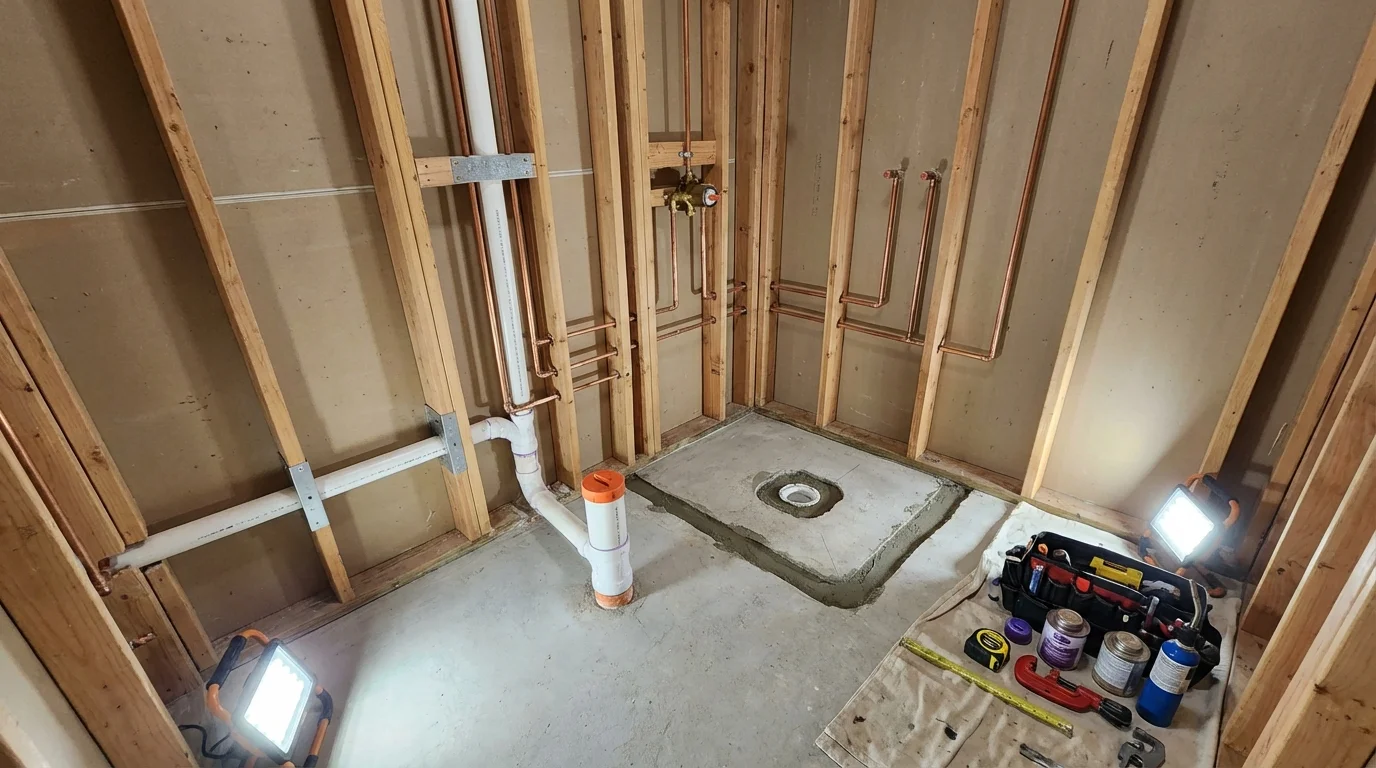 Bathroom rough-in plumbing during remodel by Johns Plumbing LLC in Edmond