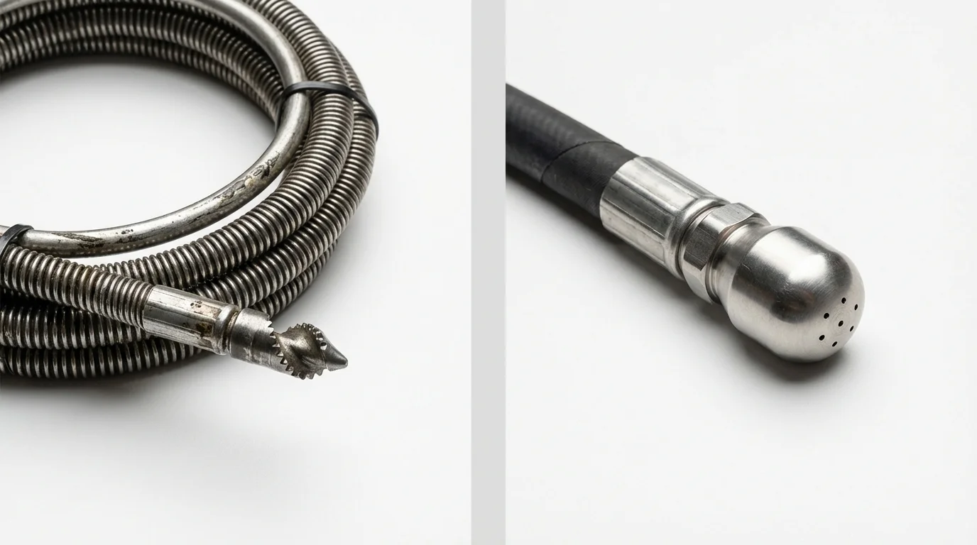 Drain snake cable and hydro jetting nozzle used for drain cleaning in Edmond, OK