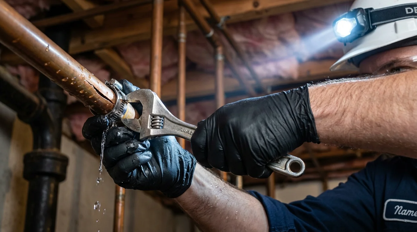 Emergency pipe clamp repair being performed by a Johns Plumbing LLC plumber in Edmond