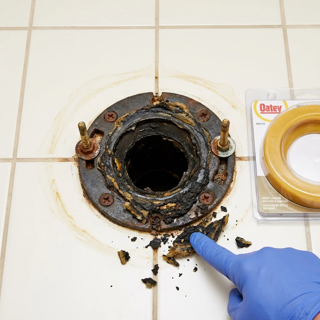 Failed wax ring showing water seepage at the base of a toilet in a Edmond, OK home