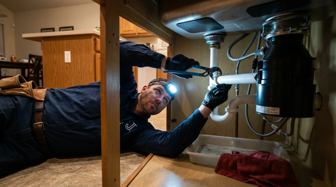 P-trap and supply line connections under a kitchen sink showing a common leak point in Edmond, OK